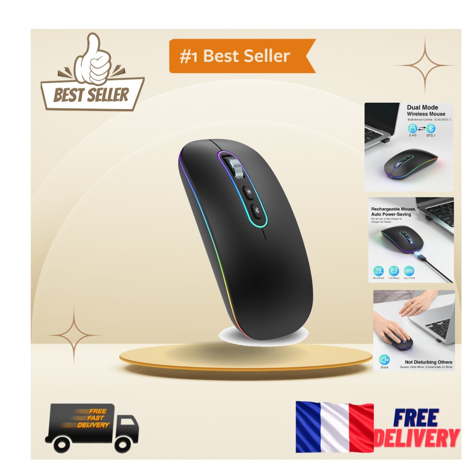 Souris optique rechargeable Bluetooth 5.1 avec portée de 10 mètres