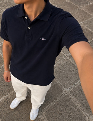 GANT Herren Polo Navy S 100% Baumwolle Logo bestickt Kragen Knopfleiste