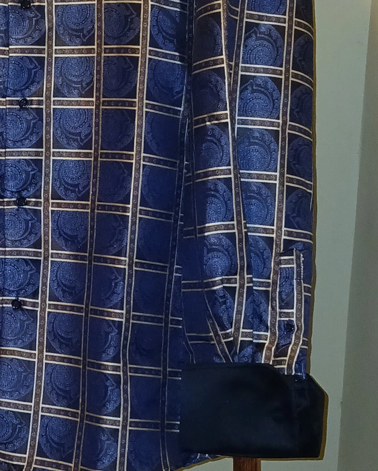 Manzini Shirt Mens 4XL  Gold Blue Geometric Dress  Long Sleeve Cuff Links - Image 3 of 4