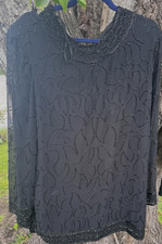 Vintage JMD Black Beaded Blouse Tunic Lined Long Sheer Sleeves 2X
