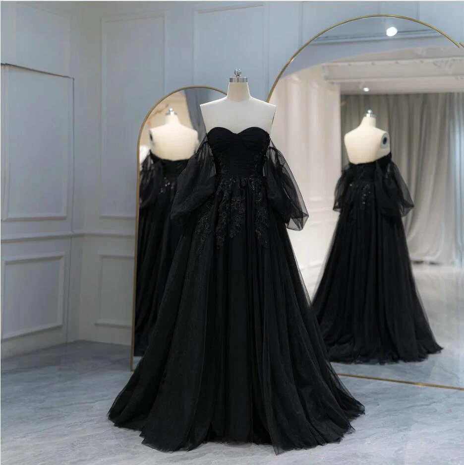 Vestidos de novia negros mangas abullonadas cuello halter gótico línea A núcleo vestidos de novia Foto 2 de 4