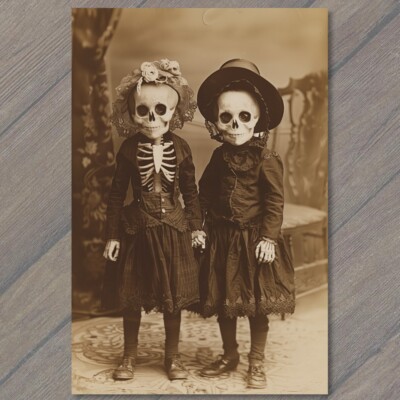 Art Print Kids Children Creepy Skeleton Twins Unreal Halloween Unusual Strange