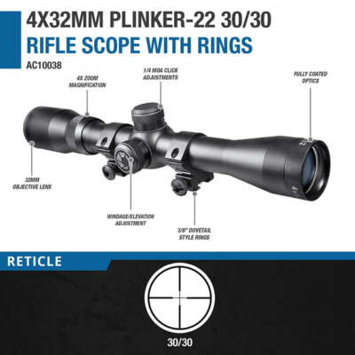 Barska AC10039 Zoom 4x 32mm Plinker-22 Scope with Dovetail Rings & Caps Kit