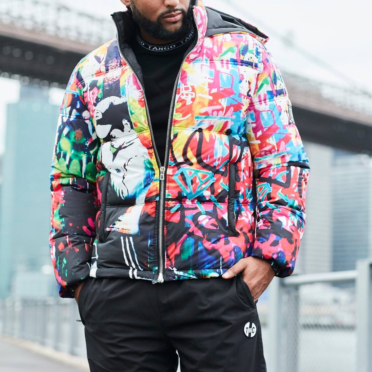 Tango Hotel Men's Graphic Puffer Jacket Boy Praying Sz S $200