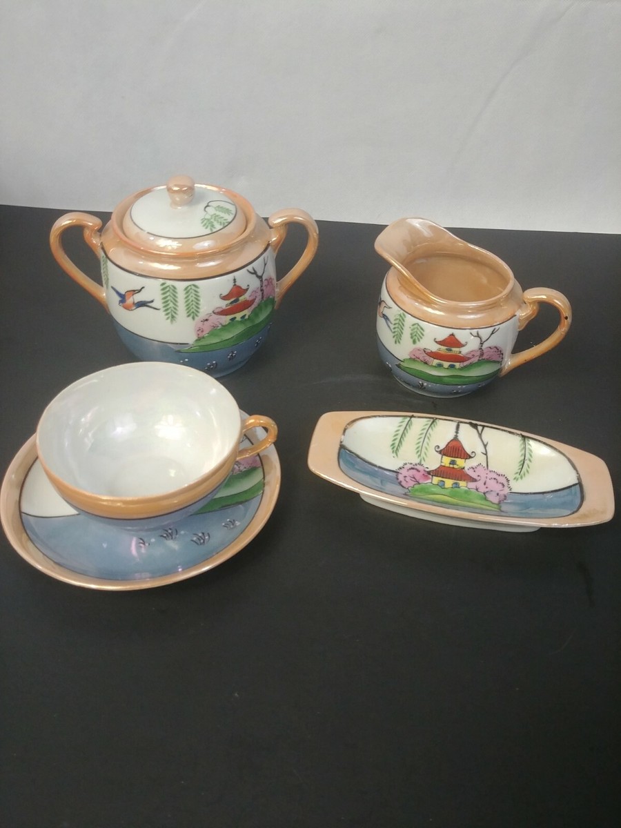 Vintage Hand-painted Lusterware Tea Set Japan Blue Peach Cream