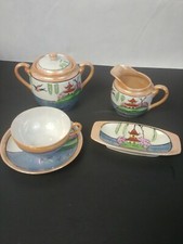 Vintage Hand-painted Lusterware Tea Set Japan Blue  Peach Cream Sugar Dish