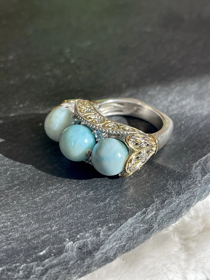 Larimar & Blue Topaz 3 Stone Ring - Two Tone Sterling Silver - Image 2 of 4