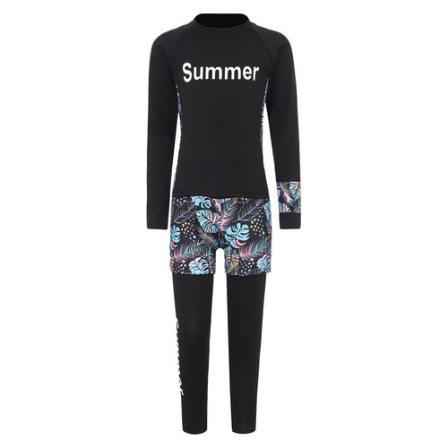 Kids Girls Pants Set Long Sleeve Rash Guard Tropical Print Swimsuit Quickly Dry - Picture 6 of 34