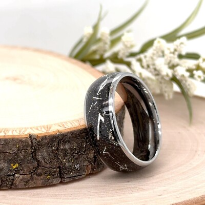 Stylish 8mm Silver Tungsten Wedding Ring   Black & Silver Meteorite Inlay Design