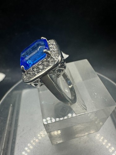 Ladies Sapphire ring emerald cut 4 carat royal blue stainless steel dress 178 - Picture 2 of 4