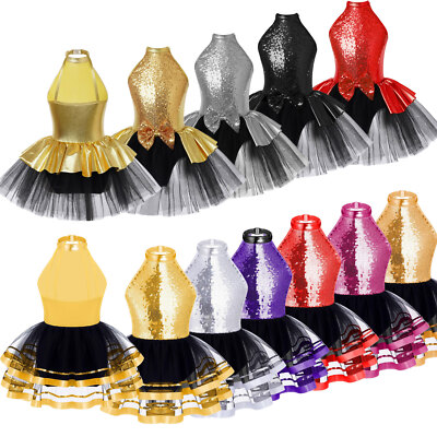Girls Sequined Ballet Tutu Dress Leotard Latin Jazz Ballerina Costume Dancewear