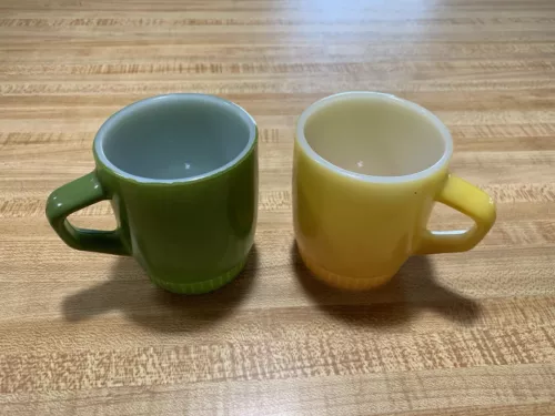 Vintage Set Of 2 Anchor Hocking Fire King Ware Milk Glass Green & Yellow Mugs