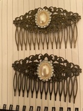  2 Retro Pearl W/ Crystal Cabochon Bronze Filigree Hair Combs