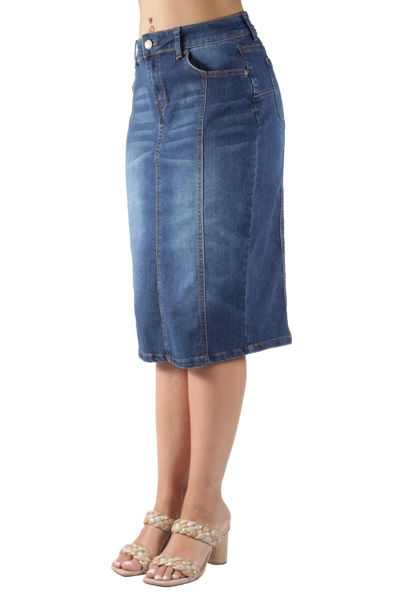 Women s Junior Classic High Waist Below Knee Midi Pencil Denim