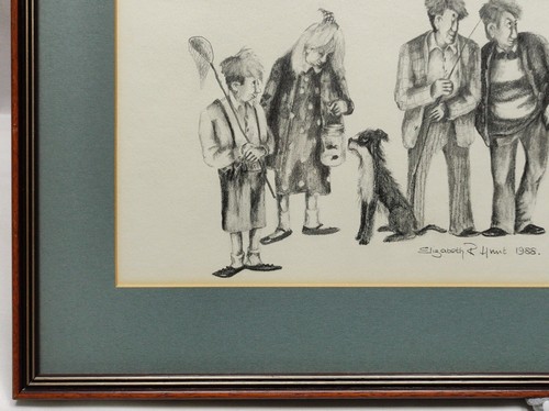 ELIZABETH R HUNT 1988 ORIGINAL NORTHERN ART PENCIL DRAWING, KIDS DAY OUT FISHING - Picture 9 of 24