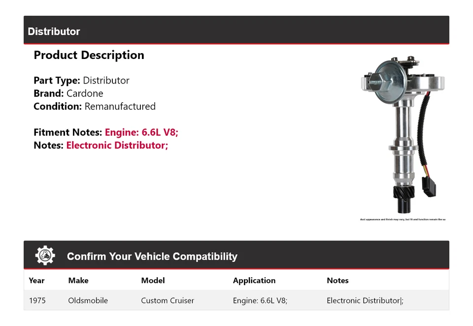 For 1975 Oldsmobile Custom Cruiser 6.6L V8 Distributor Cardone - Image 2 of 4
