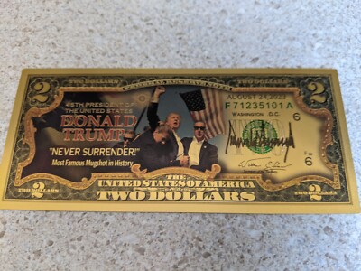 Trump 2 Dollars Gold Banknote 2024 Attack on Trump US President MAGA Note