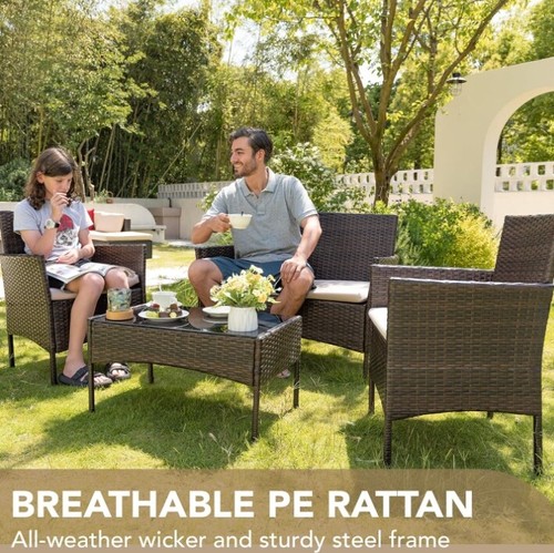 4 Pieces with Beige Cushion Outdoor Balcony Lawn Porch Patio Furniture Set Brown