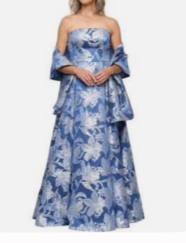 Alex Evenings 2pc Set Strapless Gown Dress & Matching Shawl Blue Silver Floral