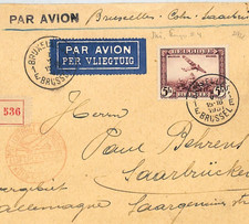 BELGIUM Air 1931 Cover 5Fr Brussels Registered GERMANY SAAR Saarbrücken XT263