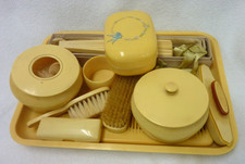 VINTAGE COLLECTIBLE CELLULOID VANITY SET POWDER BOXES HAIR COMB BRUSHES FAN