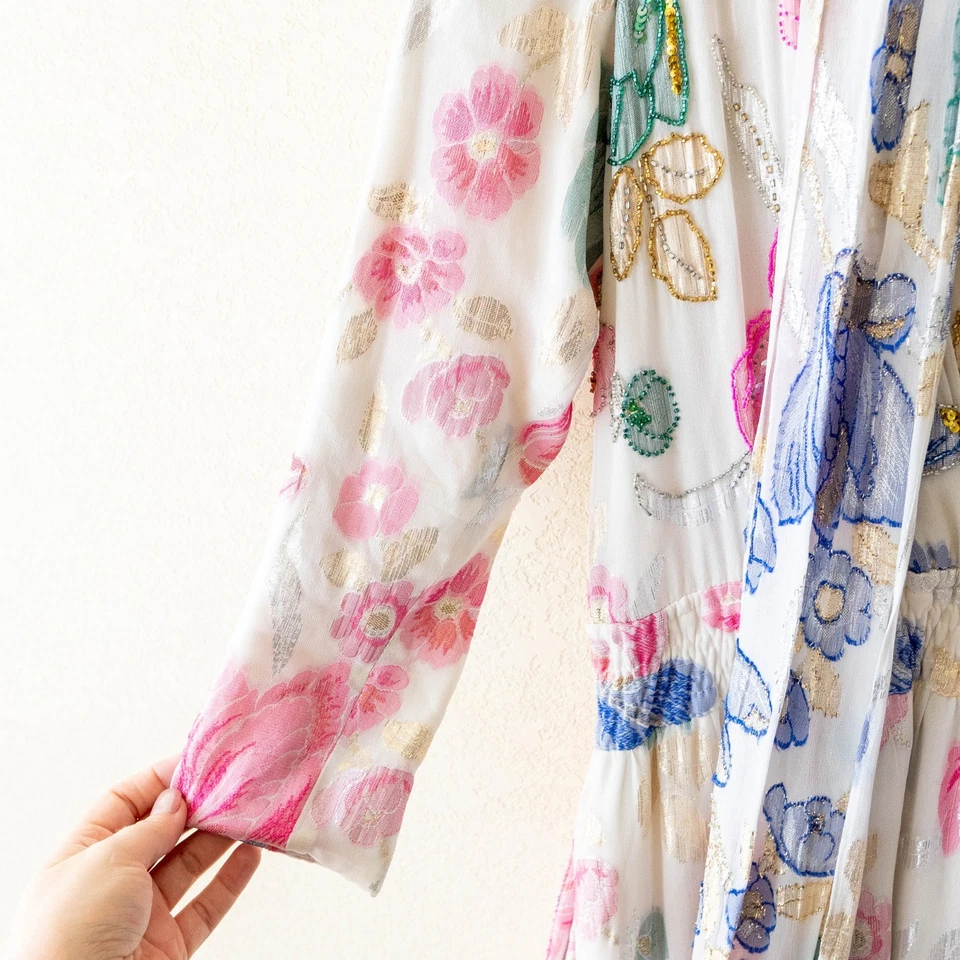 Vestido Vintage Diane Freis Georgette Talla L Boho Floral Midi con Bordado de Cuentas Foto 4 de 4