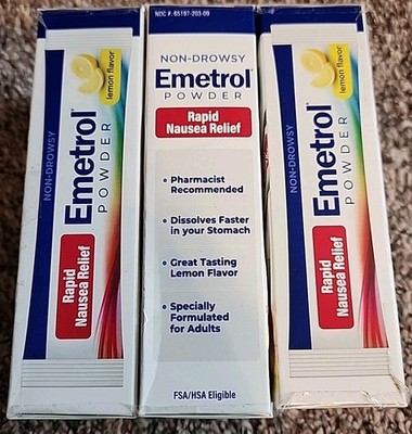 3x Emetrol Powder Rapid Nausea Relief Lemon Flavor Non-Drowsy 6 Packets