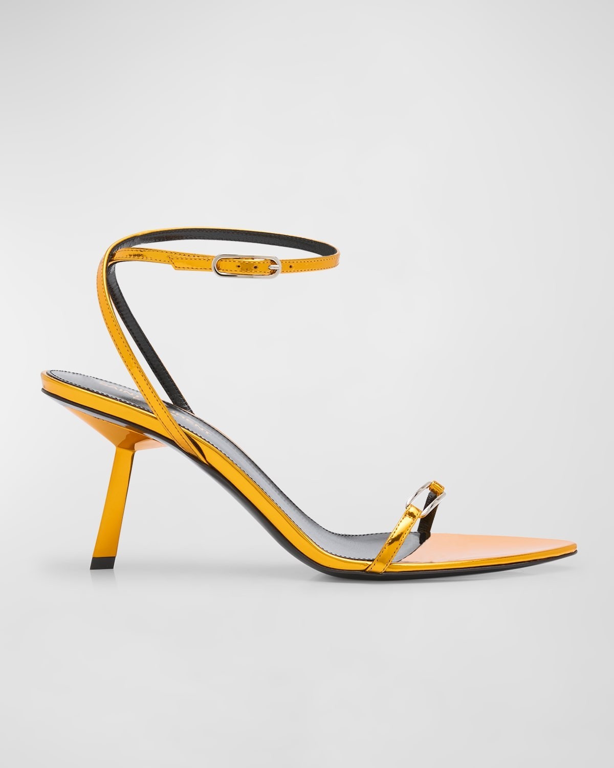 Saint Laurent Sleek Mirror Ankle-Strap Kitty Sandals Womens 38.5 Metal Tangerine