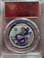 2024-P125 Australia Silver 50C. PCGS MS70, Year of the Dragon, Purple!!