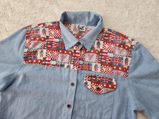 Vintage 80s Tap  Co. Blue Button Front Shirt Red White Blue Theme Womens L 