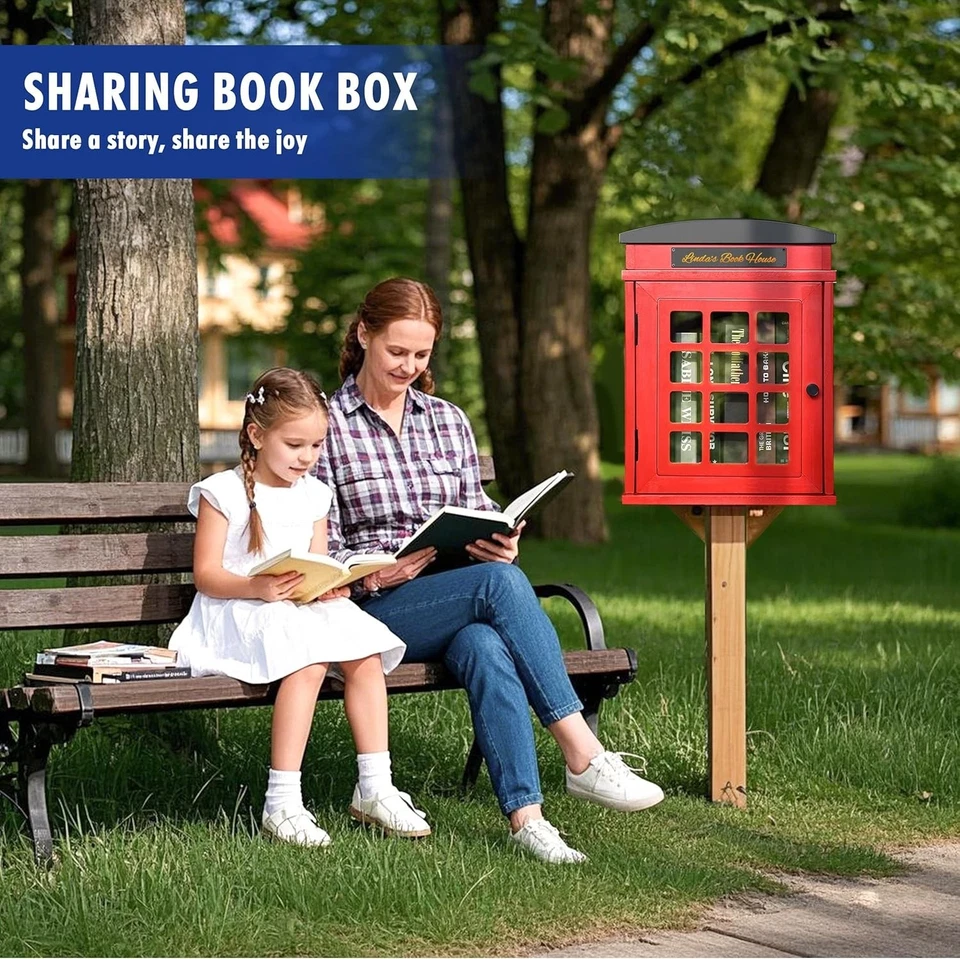 Caja para compartir libros al aire libre, gabinete de intercambio de libros de madera con techo de hojalata impermeable para C Foto 4 de 4