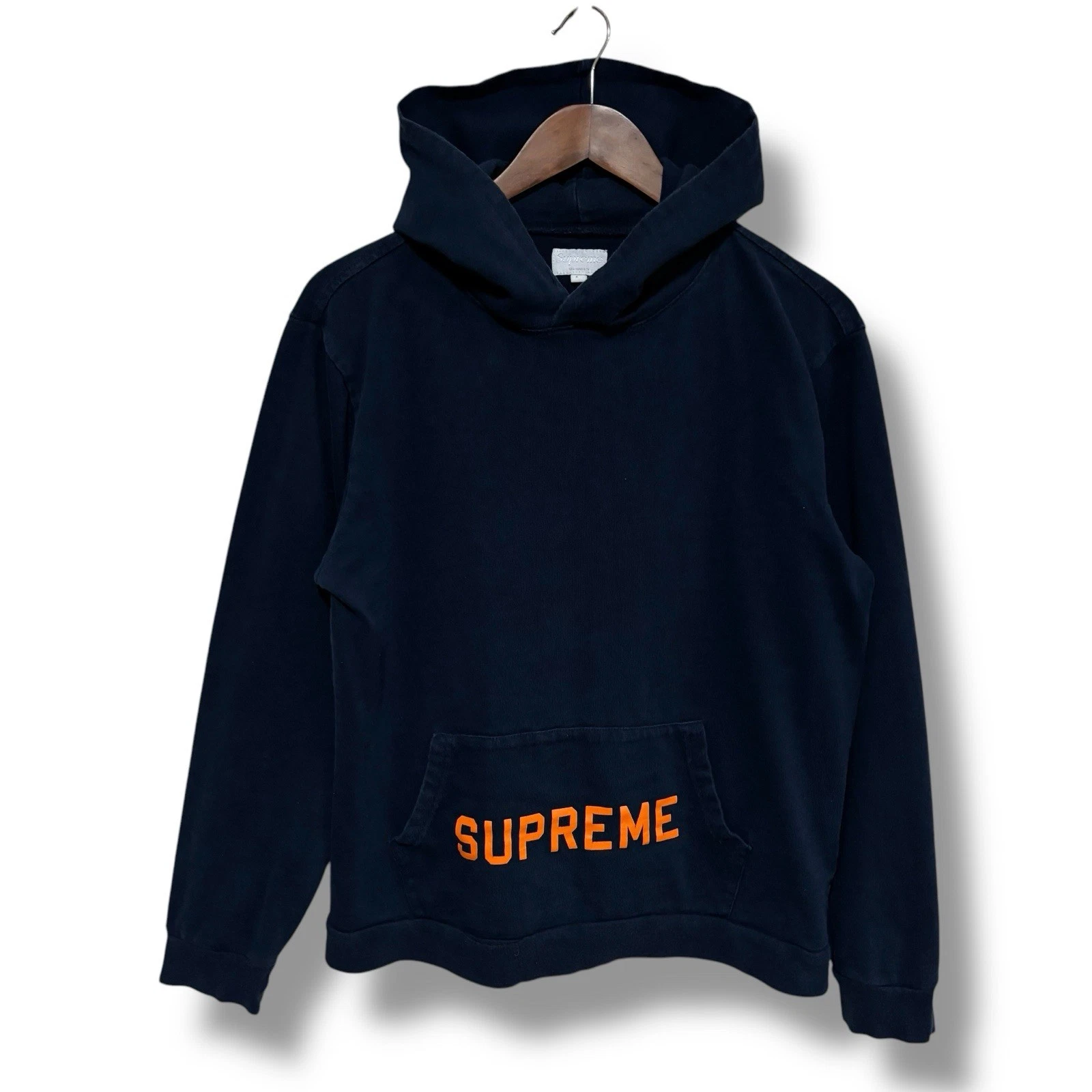 Sweat à capuche femme Supreme léger logo poche graphique bleu marine SS14 taille L 21,5 x 25