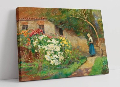 BAUERNHAUS GARTEN, HUGO CHARLEMONT - TIEF GERAHMTER WANDBILDDRUCK AUF LEINWAND