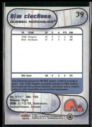 2002-03 Fleer Throwbacks Kim Clackson #39 Quebec Nordiques - Picture 2 of 2