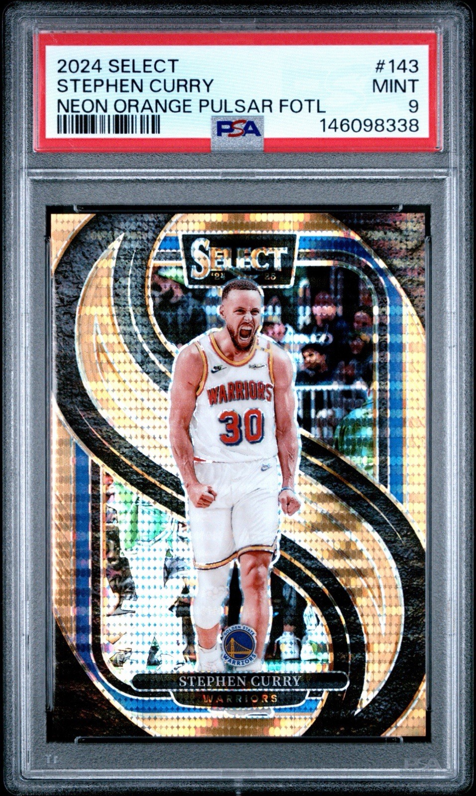 2024 Panini Select Premier Level Stephen Curry Neon Orange Pulsar #/18 PSA 9