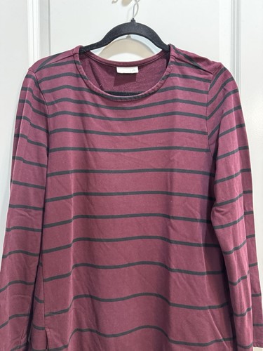 J Jill Burgundy/Black Stripes Dress Med Long Sleeves Round Neck Slide Pockets - Picture 4 of 8