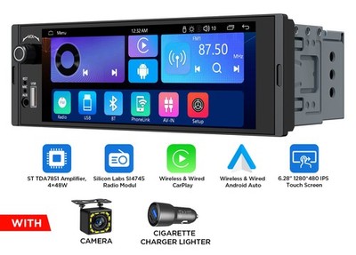 6,28 Zoll 1 DIN Autoradio CarPlay Android Auto IPS Bildschirm Bluetooth 5.3 +KAM