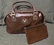 Mario Valentino Boston Bag PVC Brown Leather V Printed with Pouch - Pre-Owned