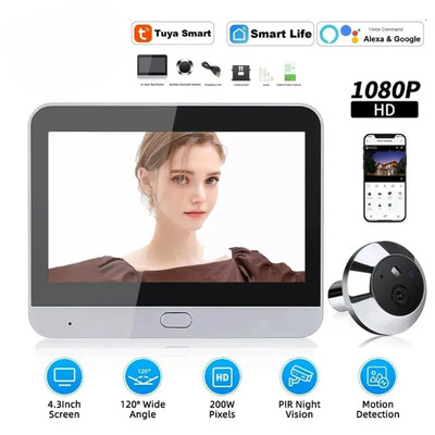 4.3 Inch Tuya Wide Angle Door Peephole Camera One Way Intercom Doorbell Camera