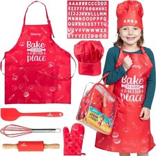 Baketivity Kids Chef Hat and Apron Set for Boys  Girls - One Size Fits All