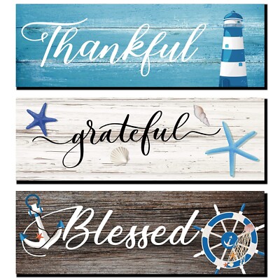 Yookeer 3 Pieces Thankful Grateful Blessed Wooden Signs Coastal Rustic Wood S...