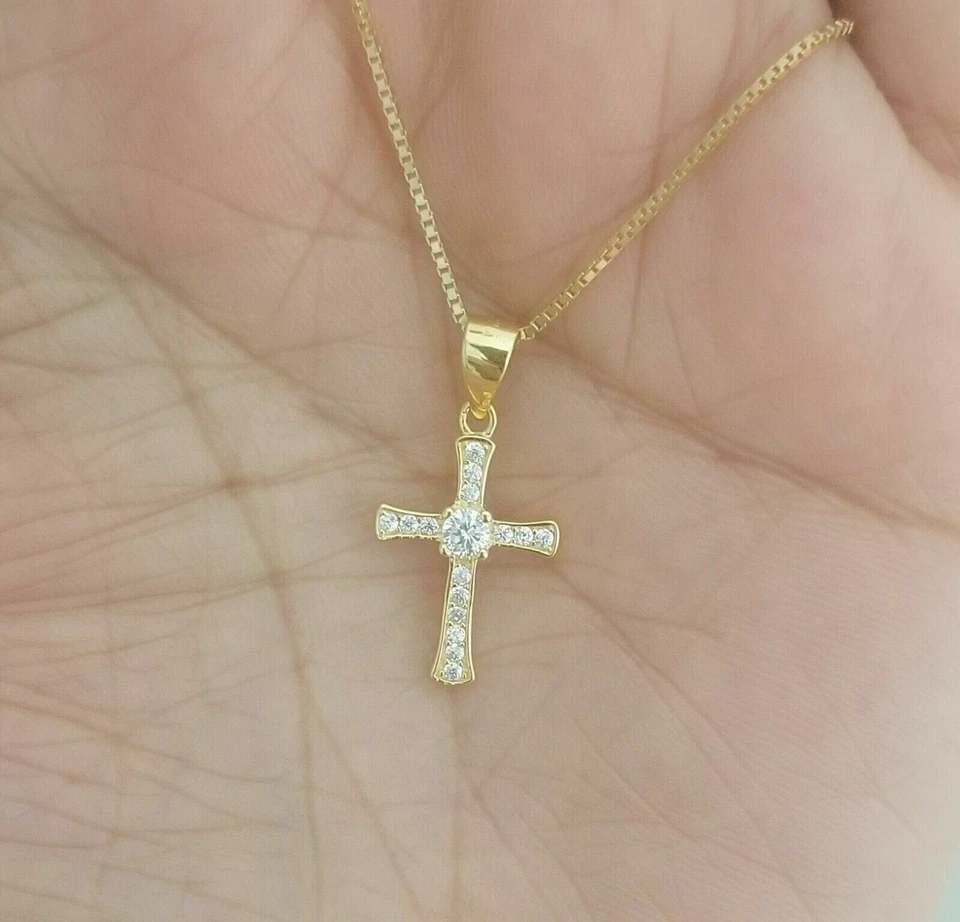 Collar Colgante Cruz Hombre 1 Ct Corte Redondo Moissanita Real Oro Amarillo 14K Sobre Foto 2 de 4