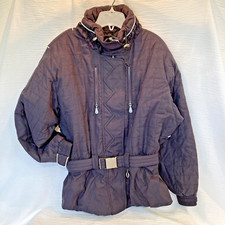 Sz 14 1990s Vtg Kaelin Black Ski Jacket Belt ZigZag Quilted Heart Womens Skiwear