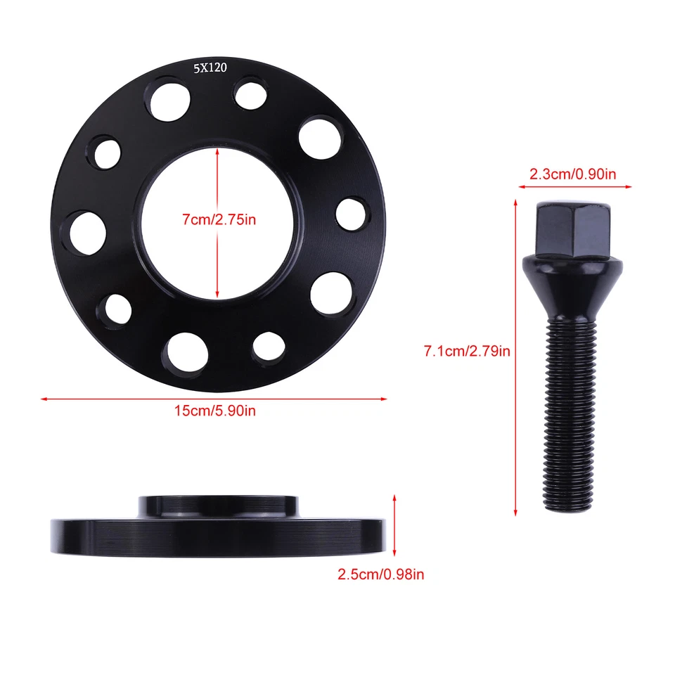 5x120 Staggered Wheel Spacers Kit (2) 12mm & (2) 15mm W/ Extended Bolts For BMW - Image 3 of 4
