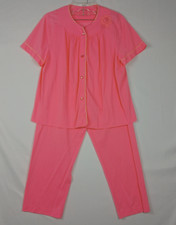 Vintage Lorraine 2 Pc Pink Pajama Set Floral Applique Size 38 Nylon Top Pants