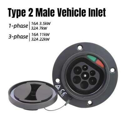 Type 2 (Mennekes) Inlet, EV Charging Socket Male Vehicle Side, 16/32A, 1/3 phase