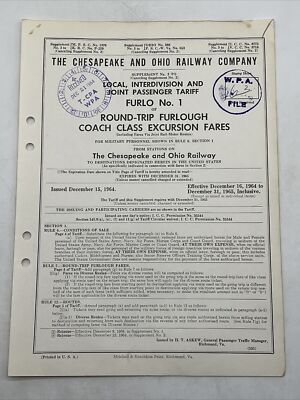 1964 THE CHESAPEAKE AND OHIO RAILWAY COMPANY FURLO No 1 Supplement No 3 TARIFF