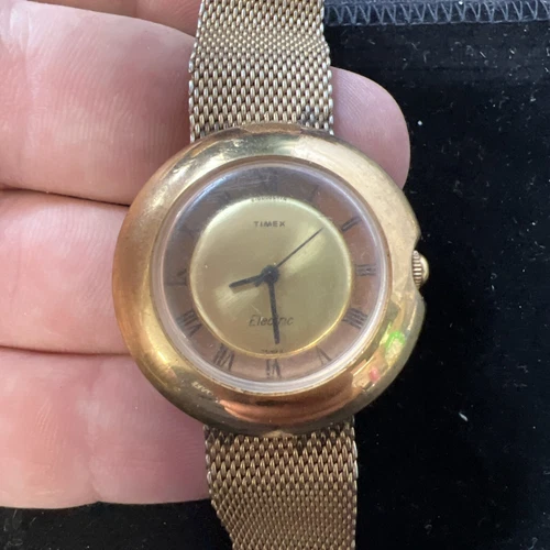 VTG Timex Electric Watch UFO Dome Retro Funky 1970s Gold Tone Women's