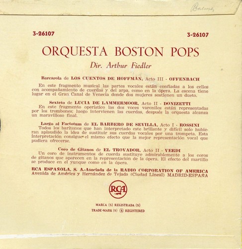 ARTHUR FIEDLER / Cuentos de Hoffmann ... / RCA 3-26107 Press Spain 1958 EX - Picture 3 of 5