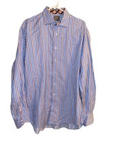 Thomas Dean Mens XL Blue White Stripe Contrasting Collar Flip Cuff Dress Shirt